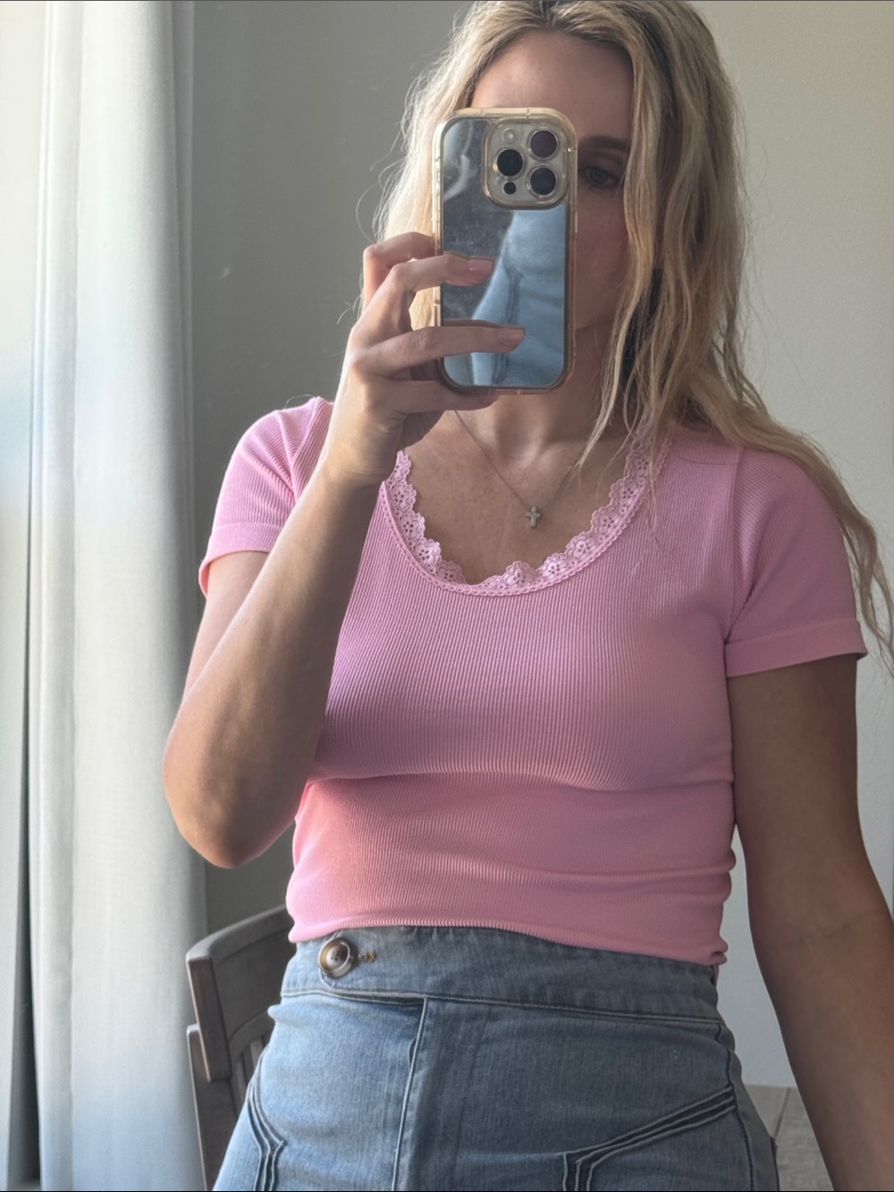 Baby Light Pink Lace-Trim Ribbed Scoop Neck Casual Top